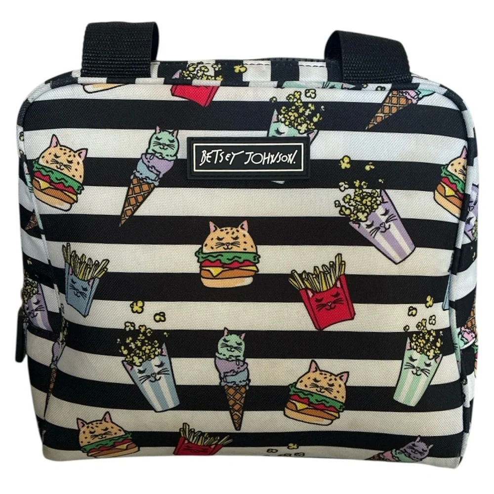 Betsey Johnson Insulated Lunch Bag Cat Print Tote Whimsical Black White Striped